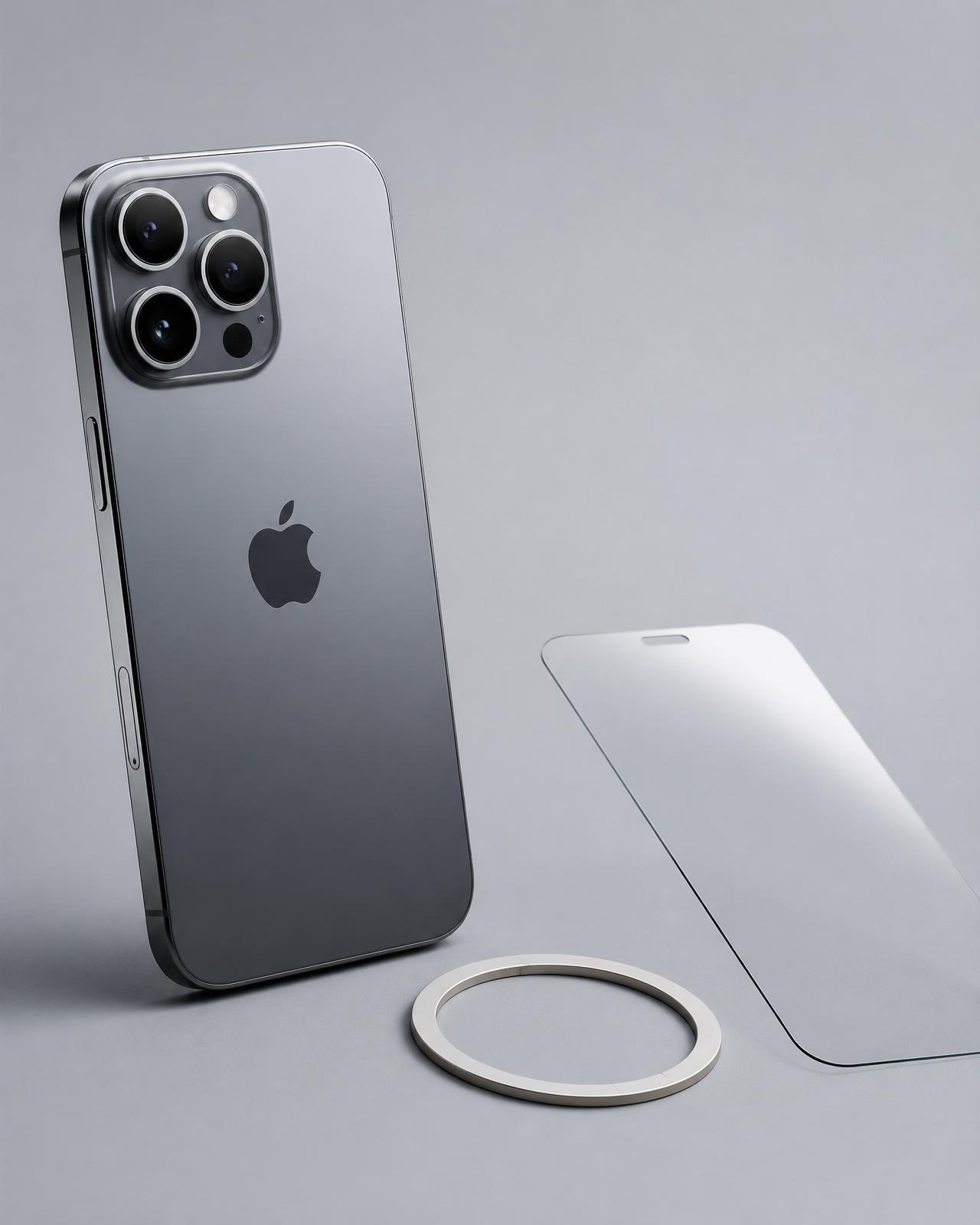 iPhone with tempered glass screen protector and MagSafe magnet ring